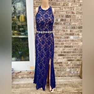 Jodi Kristopher Navy Lace Formal Halter Maxi Dress Juniors Size 15